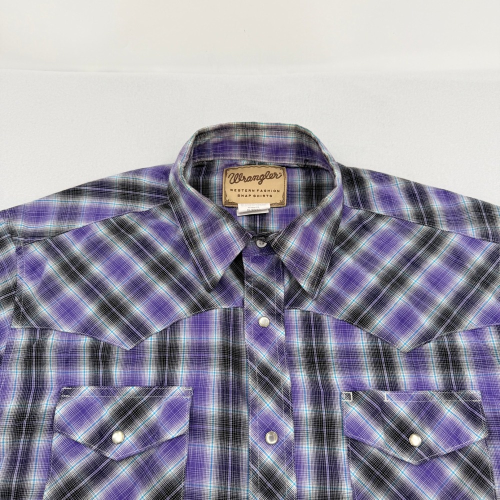 Wrangler Mens XL Purple Plaid Short Sleeve Western Pearl Snap Shirt WM197PL Y2K - Picture 4 of 8